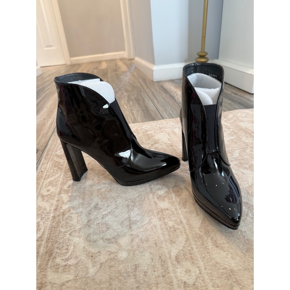 Stuart Weitzman Looksharp Black Patent Leather Block Heel Ankle Boots 7.5